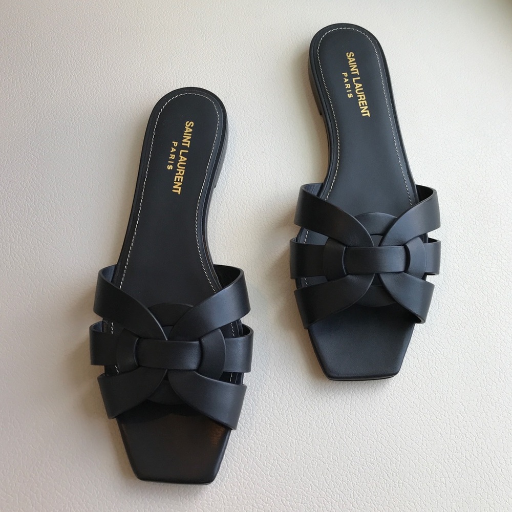 Saint Laurent YSL Tribute Woven Leather Slide Nu Pieds Sandals Mules Size 39.5